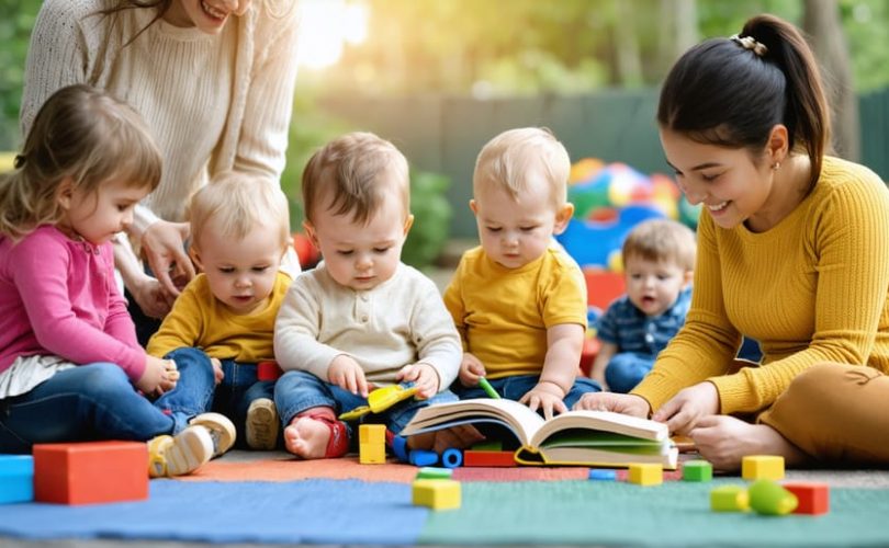 A diverse group of young children engaged in playful activities with attentive adults, highlighting a supportive environment for emotional and social development.