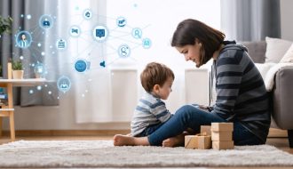 A caring parent attentively engages with a distressed child in a safe, warm setting, with conceptual icons representing communication, safety, and support networks subtly integrated in the backdrop.