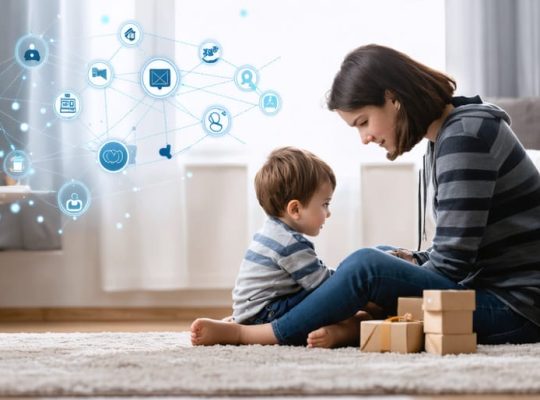 A caring parent attentively engages with a distressed child in a safe, warm setting, with conceptual icons representing communication, safety, and support networks subtly integrated in the backdrop.