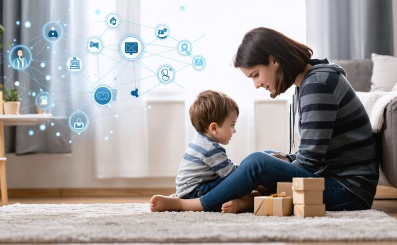 A caring parent attentively engages with a distressed child in a safe, warm setting, with conceptual icons representing communication, safety, and support networks subtly integrated in the backdrop.