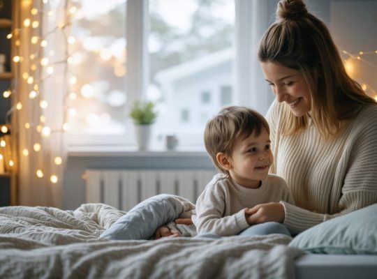 Parent guiding their 8-year-old child through a calming bedtime routine in a cozy bedroom with soft lighting and calming decor to promote better sleep.