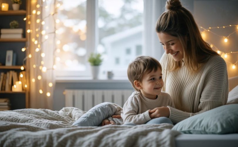 Parent guiding their 8-year-old child through a calming bedtime routine in a cozy bedroom with soft lighting and calming decor to promote better sleep.