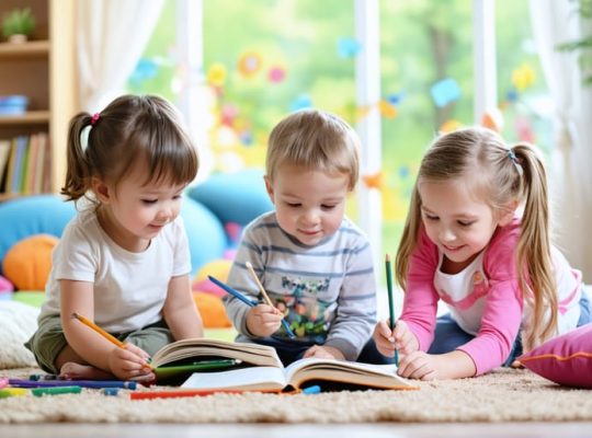 Creative and warm play space showcasing children engaged in reading, art, and quiet reflection, highlighting the connection between play and emotional growth.