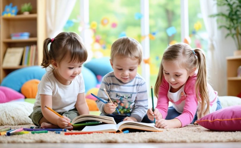 Creative and warm play space showcasing children engaged in reading, art, and quiet reflection, highlighting the connection between play and emotional growth.