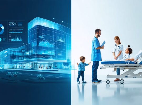 A split-screen visual contrasting profit-driven and patient-centered healthcare environments; one side shows corporate focus with financial elements, while the other highlights compassionate patient care.