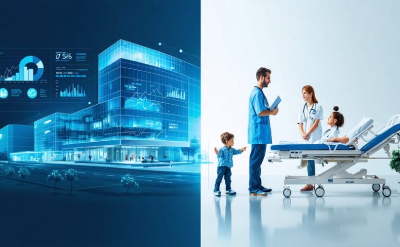 A split-screen visual contrasting profit-driven and patient-centered healthcare environments; one side shows corporate focus with financial elements, while the other highlights compassionate patient care.