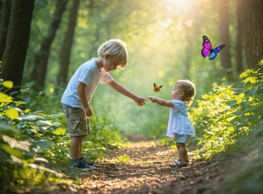 An older sibling guides a younger one along a sunny, wooded trail, pointing out a butterfly. The image highlights the nurturing and developmental aspect of sibling relationships.
