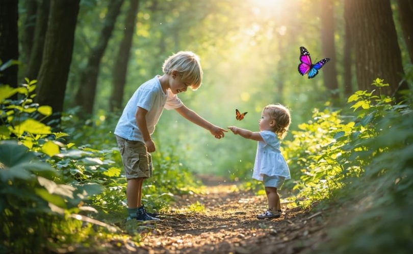 An older sibling guides a younger one along a sunny, wooded trail, pointing out a butterfly. The image highlights the nurturing and developmental aspect of sibling relationships.