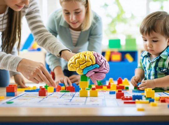 Illustration showing diverse young children participating in early learning activities with teachers, featuring symbolic representations of cognitive and emotional growth in a classroom setting.