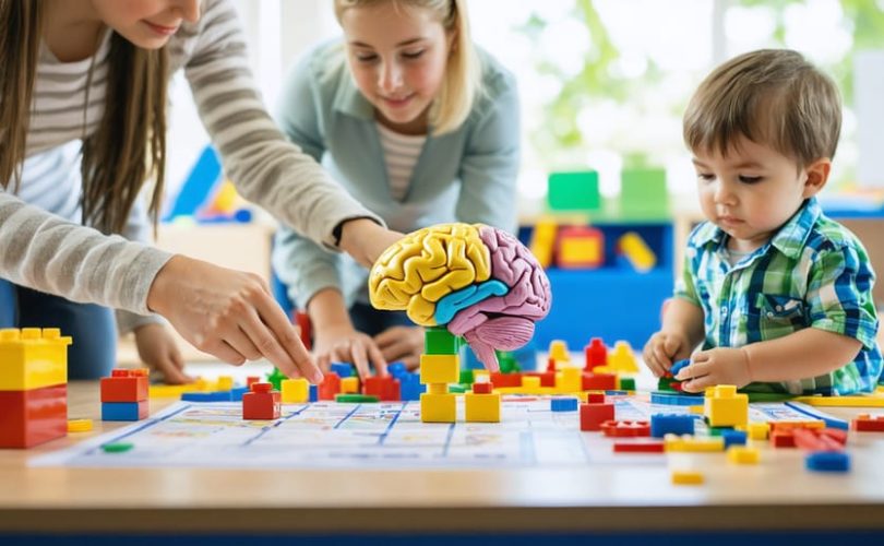Illustration showing diverse young children participating in early learning activities with teachers, featuring symbolic representations of cognitive and emotional growth in a classroom setting.