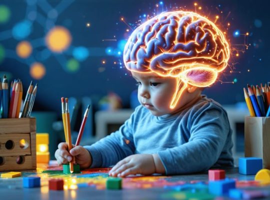 Conceptual depiction of a young child surrounded by vibrant neural pathways and elements like building blocks and paintbrushes symbolizing early intervention for mental health.
