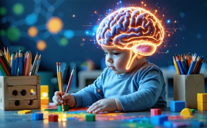 Conceptual depiction of a young child surrounded by vibrant neural pathways and elements like building blocks and paintbrushes symbolizing early intervention for mental health.