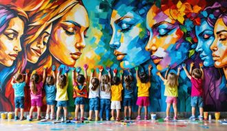 Diverse community members, including children and adults, painting a mental health awareness mural that symbolizes hope, resilience, and open dialogue, using vibrant colors and expressive faces.