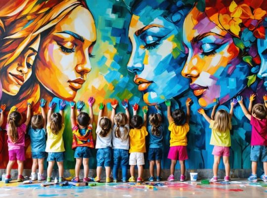 Diverse community members, including children and adults, painting a mental health awareness mural that symbolizes hope, resilience, and open dialogue, using vibrant colors and expressive faces.