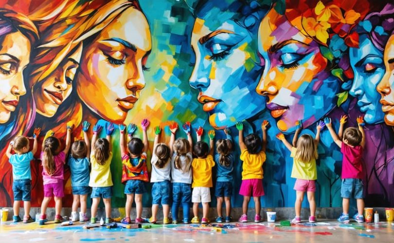 Diverse community members, including children and adults, painting a mental health awareness mural that symbolizes hope, resilience, and open dialogue, using vibrant colors and expressive faces.