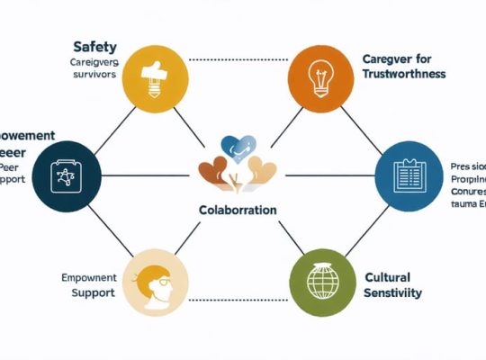 Conceptual diagram illustrating six trauma-informed principles: safety, trustworthiness, peer support, collaboration, empowerment, and cultural sensitivity, interconnected to highlight their synergy in caregiver support and trauma healing.