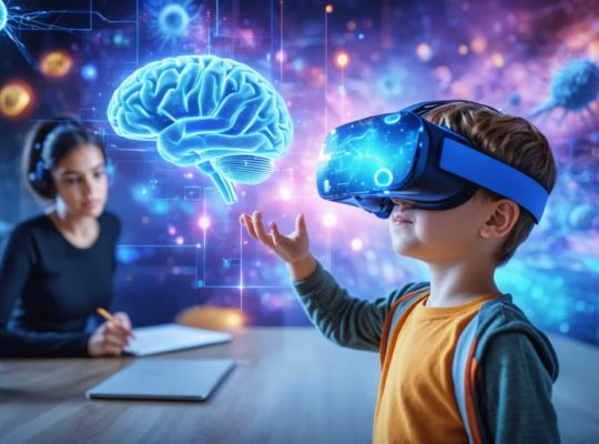 Child wearing a virtual reality headset in a classroom, exploring digital representations of brain neurons and emotions, guided by a teacher.