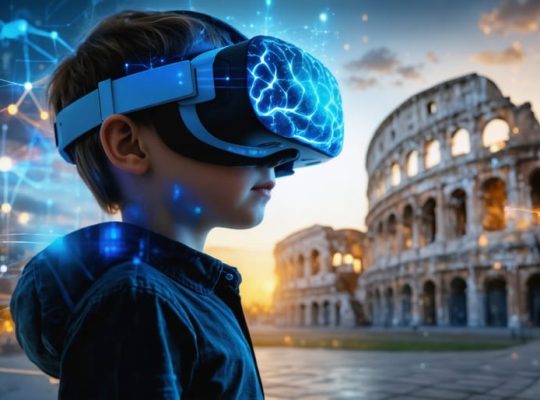 Child engaged with a VR headset, overlaid with imagery of brain synapses and neural pathways, highlighting the interaction between technology and mental development.