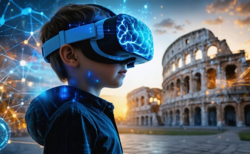 Child engaged with a VR headset, overlaid with imagery of brain synapses and neural pathways, highlighting the interaction between technology and mental development.