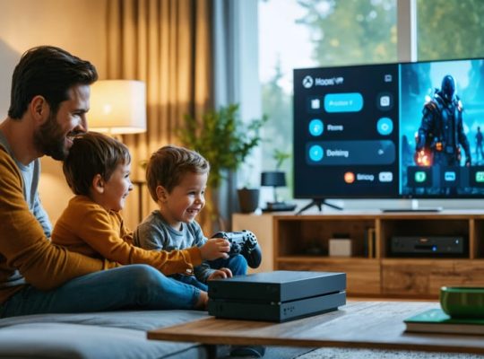 A parent and child are sitting together in a cozy living room, discussing Xbox gaming time limits displayed on the TV screen. The scene conveys a sense of teamwork and balanced technology use.