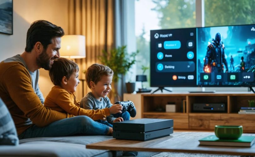 A parent and child are sitting together in a cozy living room, discussing Xbox gaming time limits displayed on the TV screen. The scene conveys a sense of teamwork and balanced technology use.