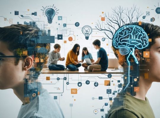 Artistic blend of teens engaging in social and learning activities with abstract neural pathways and cognitive symbols, representing the impact of ADHD and autism on teenage identity.
