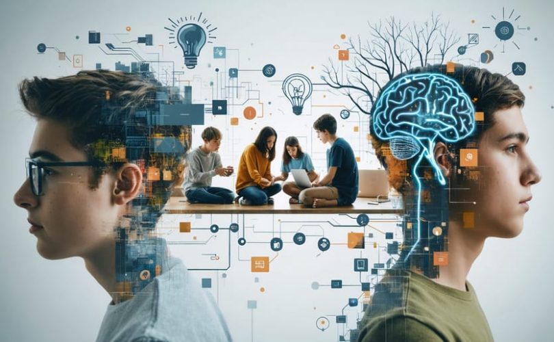 Artistic blend of teens engaging in social and learning activities with abstract neural pathways and cognitive symbols, representing the impact of ADHD and autism on teenage identity.