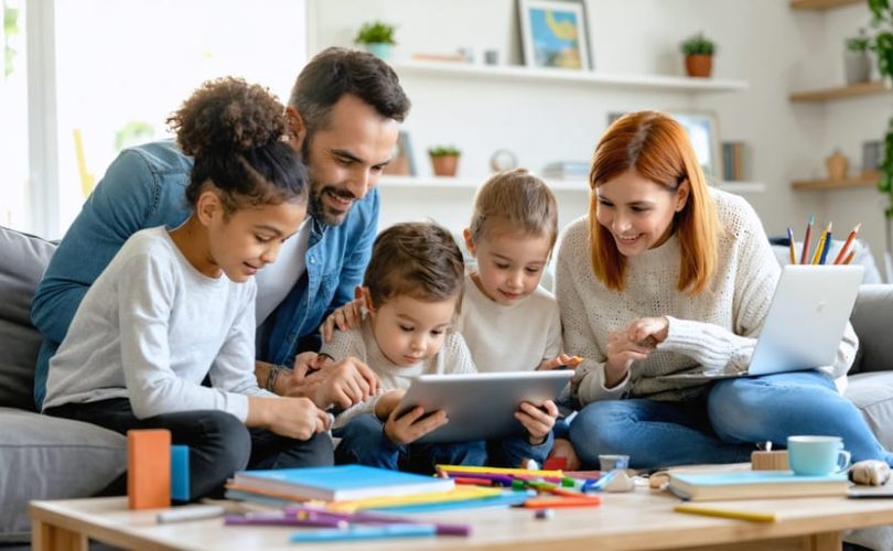 A family in a living room enjoying digital educational content together on various devices, surrounded by books and games indicating a balanced lifestyle approach to screen time.
