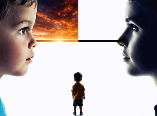 Child observing parent exhibiting contrasting behaviors of manic energy and withdrawn depression, symbolizing the dual emotional experiences faced by children of bipolar parents.