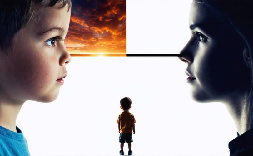 Child observing parent exhibiting contrasting behaviors of manic energy and withdrawn depression, symbolizing the dual emotional experiences faced by children of bipolar parents.