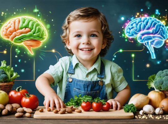 A child choosing nutrient-rich foods like salmon and leafy greens, depicted alongside animated representations of a brain and gut, illustrating the connection between diet, brain development, and mental health.