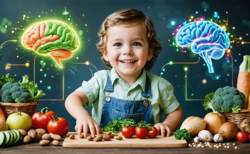 A child choosing nutrient-rich foods like salmon and leafy greens, depicted alongside animated representations of a brain and gut, illustrating the connection between diet, brain development, and mental health.