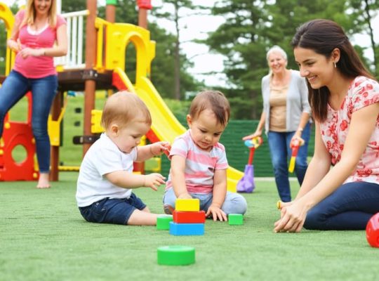 A diverse group of children of different ages play together in a playground, practicing social skills such as sharing and cooperation, while parents watch and support.