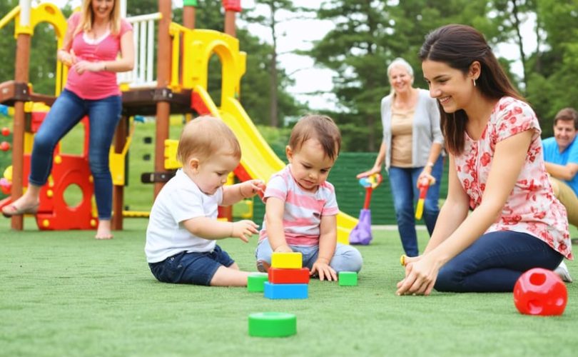A diverse group of children of different ages play together in a playground, practicing social skills such as sharing and cooperation, while parents watch and support.