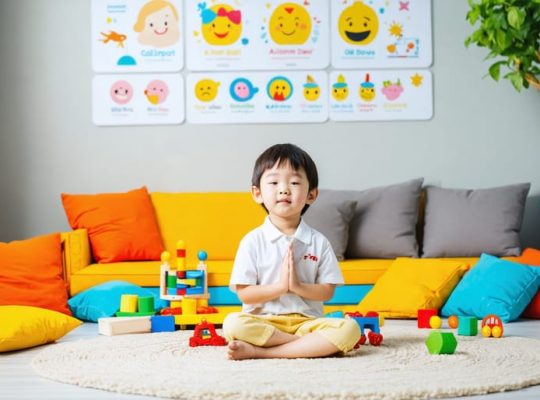 A young child in a cozy calm-down corner practicing deep breathing, surrounded by soft cushions, sensory toys, and emotion charts for emotional regulation.