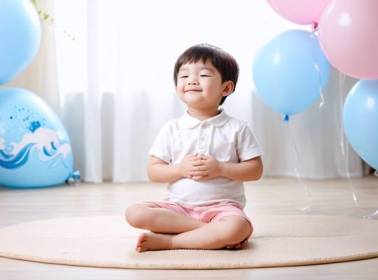 A young child practicing mindful breathing while sitting cross-legged with hands on their belly, surrounded by peaceful, calming imagery.