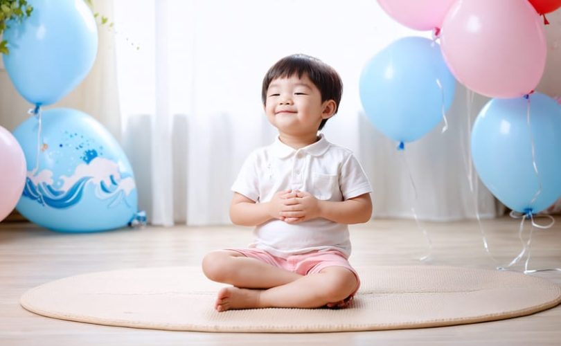 A young child practicing mindful breathing while sitting cross-legged with hands on their belly, surrounded by peaceful, calming imagery.