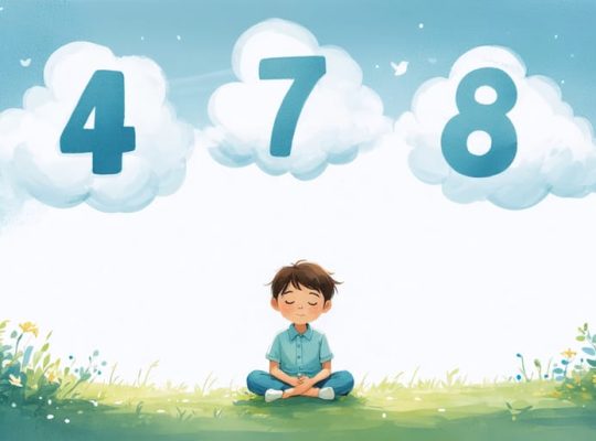 Young child sitting cross-legged outdoors, peacefully practicing the 4-7-8 breathing technique with dreamy clouds depicting the numbers 4, 7, and 8 above.