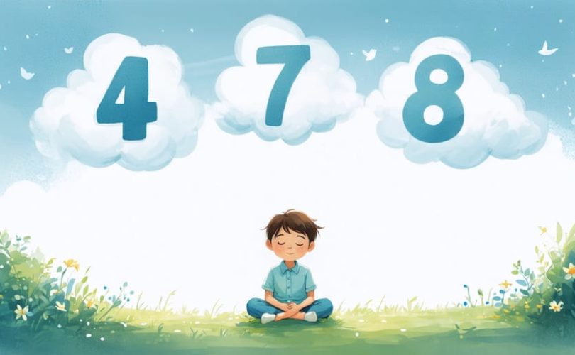 Young child sitting cross-legged outdoors, peacefully practicing the 4-7-8 breathing technique with dreamy clouds depicting the numbers 4, 7, and 8 above.