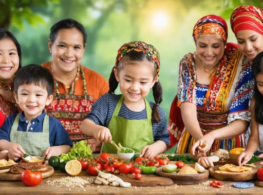 Diverse group of children and families participating in cultural activities, showcasing the influence of social and cultural forces on child development.