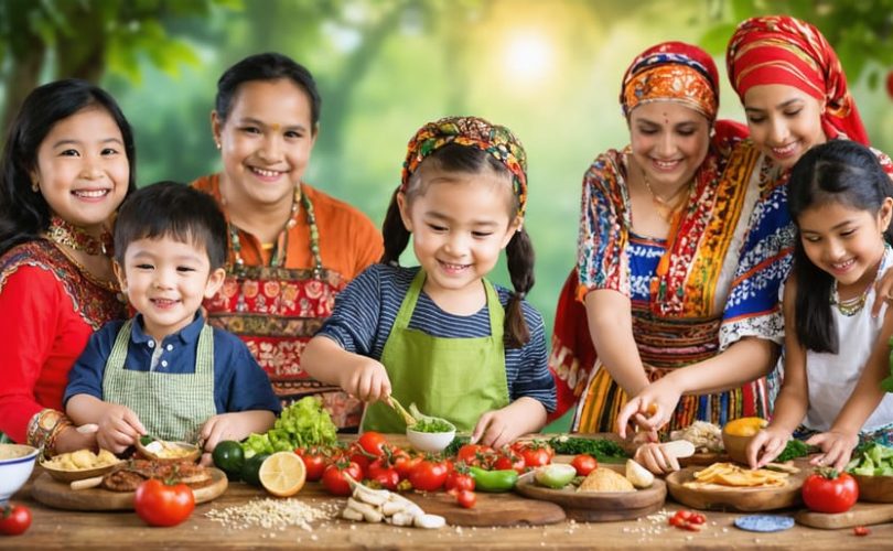 Diverse group of children and families participating in cultural activities, showcasing the influence of social and cultural forces on child development.