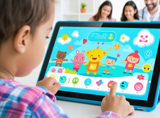 A child engaging with a large, tablet screen featuring colorful, friendly characters and interactive elements symbolizing mental health screening tools, conveying safety and support in digital mental health assessment.