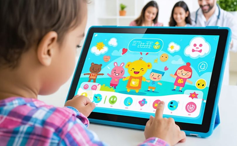 A child engaging with a large, tablet screen featuring colorful, friendly characters and interactive elements symbolizing mental health screening tools, conveying safety and support in digital mental health assessment.