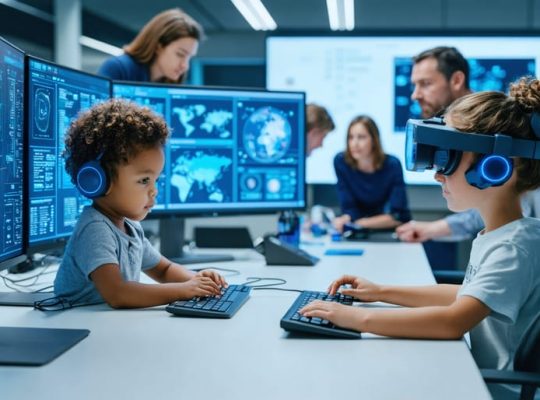A team of experts collaborating in a cutting-edge digital wellness lab, analyzing digital interactions to improve children's well-being, with a child and parent engaged in the process.