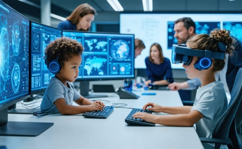 A team of experts collaborating in a cutting-edge digital wellness lab, analyzing digital interactions to improve children's well-being, with a child and parent engaged in the process.