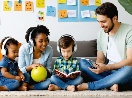 Family practicing emotional regulation techniques together in a cozy living room, featuring a toddler, school-age child, and teenager using different calming strategies.