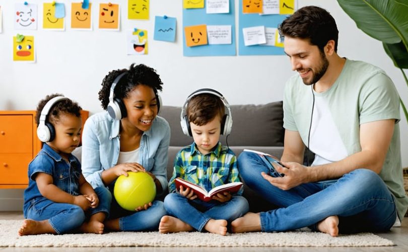 Family practicing emotional regulation techniques together in a cozy living room, featuring a toddler, school-age child, and teenager using different calming strategies.