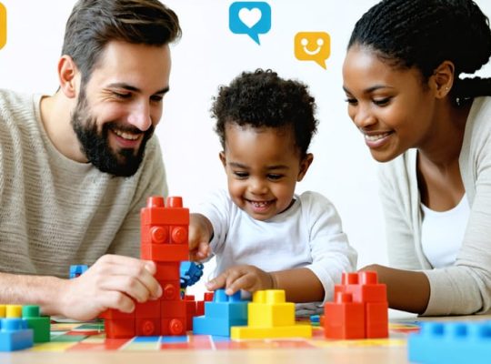 Parents and child engaging in a nurturing activity to develop social skills, with elements symbolizing communication, empathy, and friendship.
