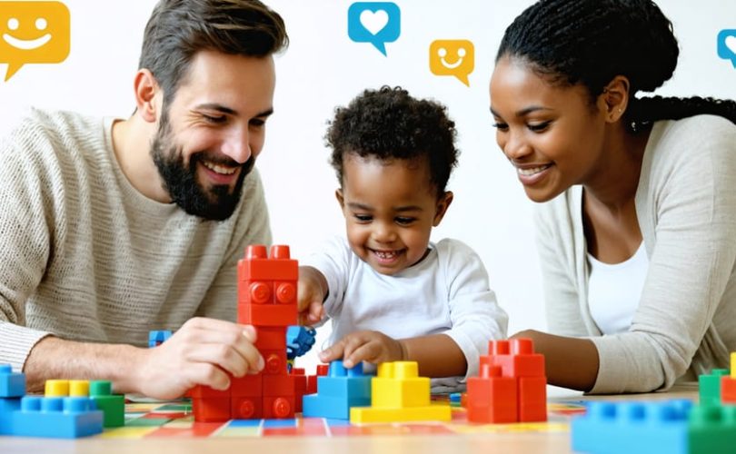 Parents and child engaging in a nurturing activity to develop social skills, with elements symbolizing communication, empathy, and friendship.