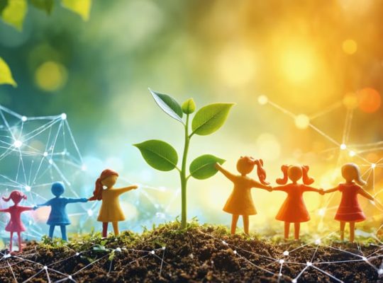 A conceptual image of an interconnected web symbolizing friendships, with playground scenes and children holding hands, representing the nurturing aspect of friendships in developing emotional resilience in children.